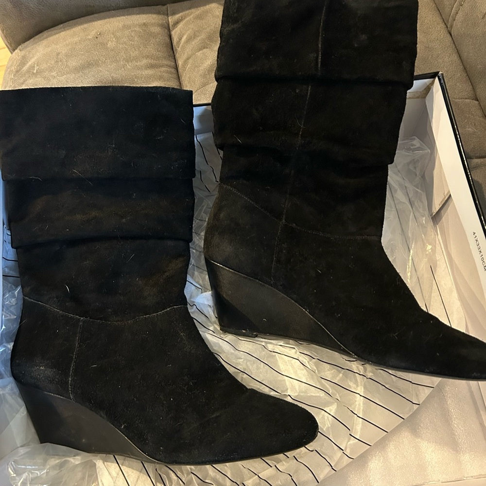 Black suede, wedge boots.